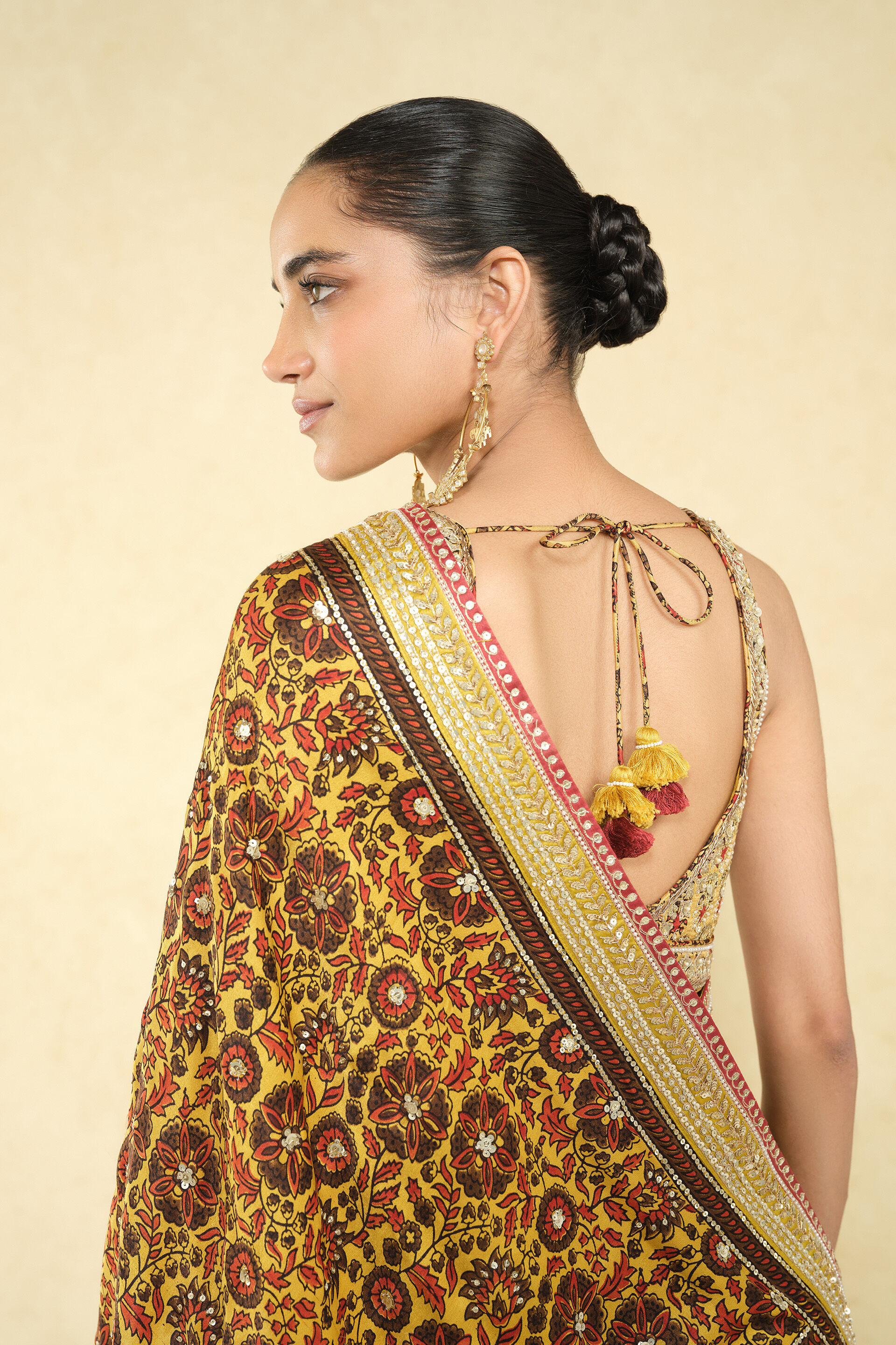 Kasano Ajrakh Hand-block Printed Silk Saree - Mustard, Mustard, image 6